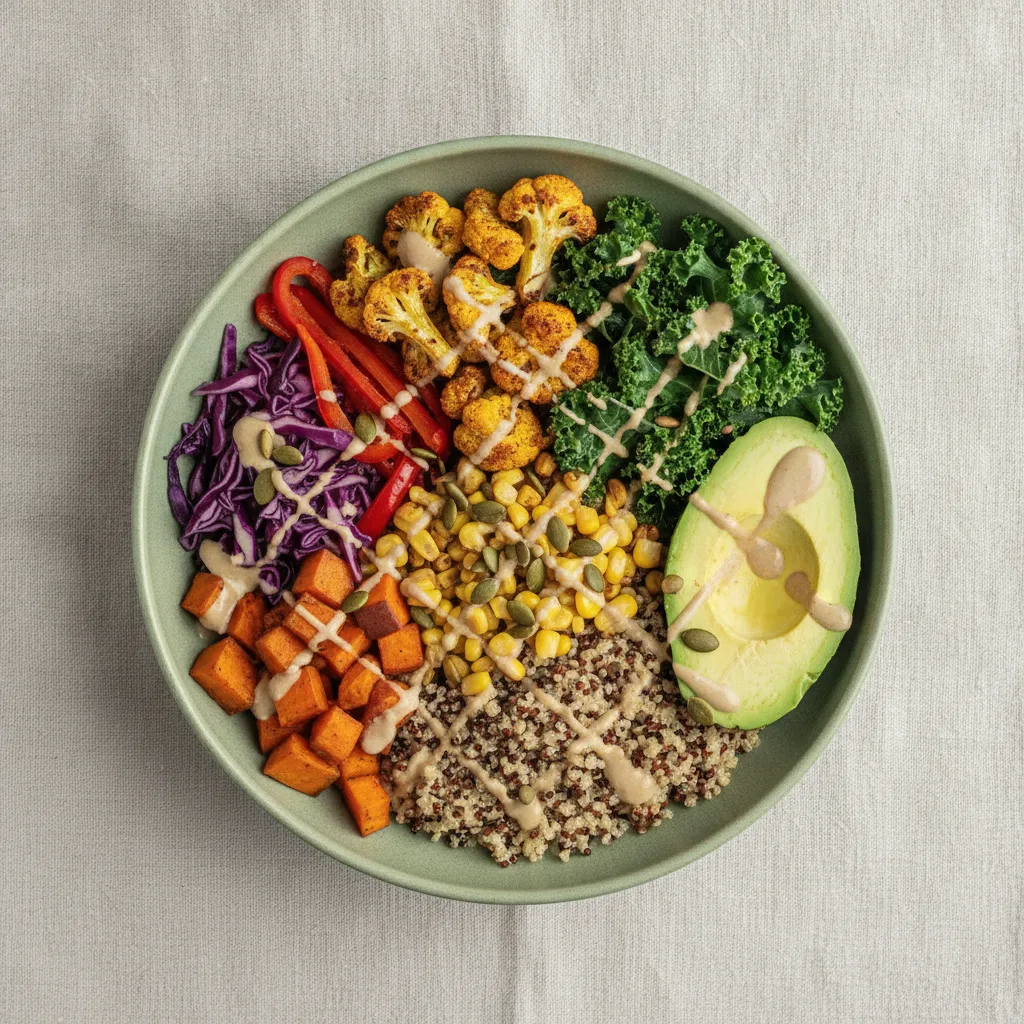A beautiful grain bowl with colourful vegetables
