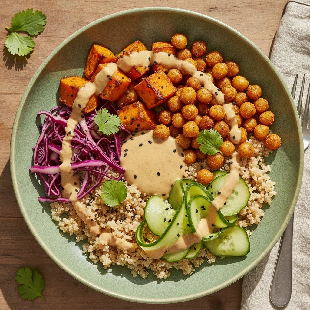Vibrant lunch bowl with greens and protein